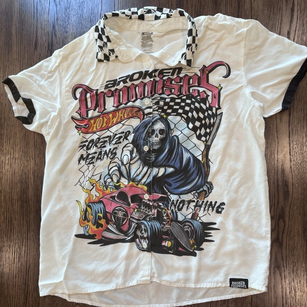 Broken Promises x Hot Wheels Shirt M‎ Grim Reaper Flame Car Rayon Button-Up 2021